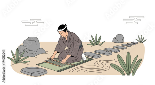 Japanese craftsman making tatami mat outdoors, traditional craft, serene garden setting