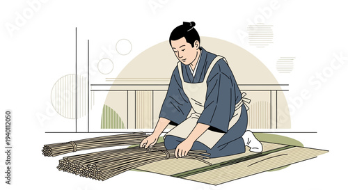 Japanese craftsman making tatami mats, traditional craft, cultural heritage, meticulous work