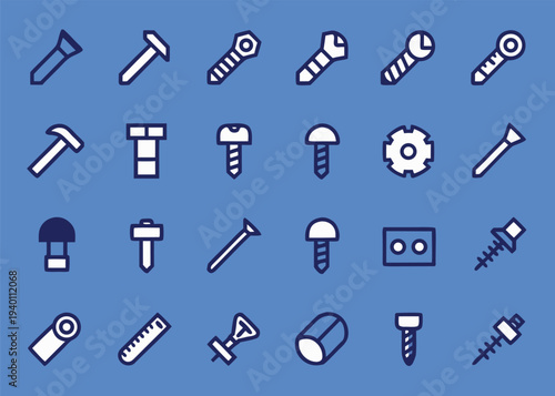 Twenty-four white line icons featuring hardware tools such as hammers and nails are displayed across a grid set against a blue backdrop.