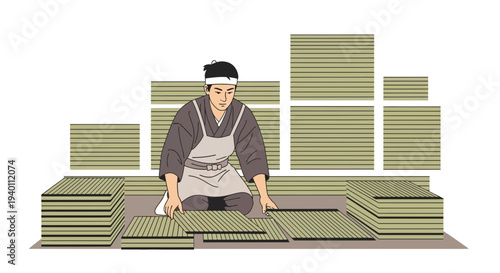 Japanese craftsman making tatami mats, traditional craft, meticulous work