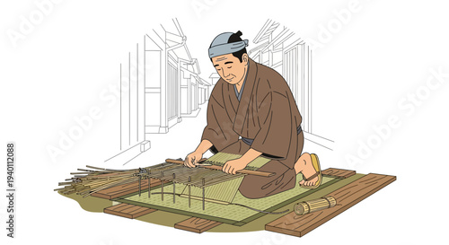 Japanese craftsman weaving tatami mats on traditional street