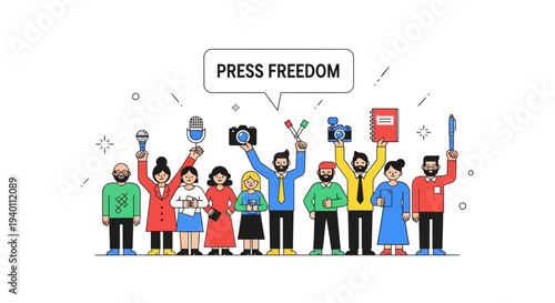 Diverse group celebrating press freedom with colorful illustrations and symbols of journalism