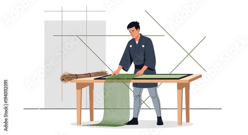 Japanese craftsman making washi paper by hand, traditional craft