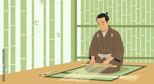 Japanese craftsman weaving traditional textile with bamboo loom in serene setting