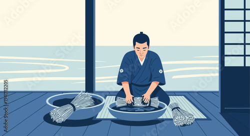 Japanese man in traditional kimono preparing noodles by hand in a serene setting