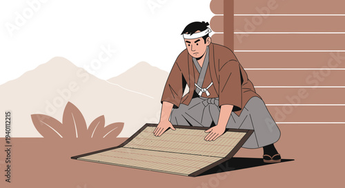 Japanese man laying tatami mat in traditional clothing, historical scene