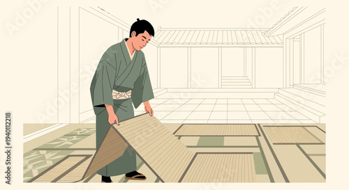 Japanese Man Laying Tatami Mats in Traditional Courtyard