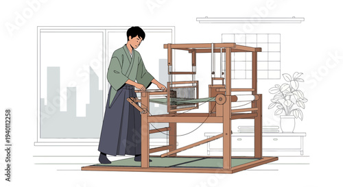 Japanese man weaving on traditional loom, cultural heritage, textile art, craftsmanship