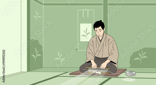 Japanese man weaving silk on a traditional loom in a serene room