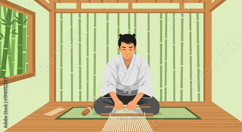Japanese man weaving traditional tatami mat in a serene room with bamboo screen