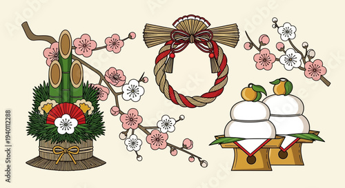Japanese New Year Decorations: Kadomatsu, Shimekazari, Mochi Cakes, and Plum Blossoms