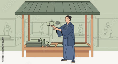 Japanese merchant in traditional kimono sells scrolls at an outdoor market stall