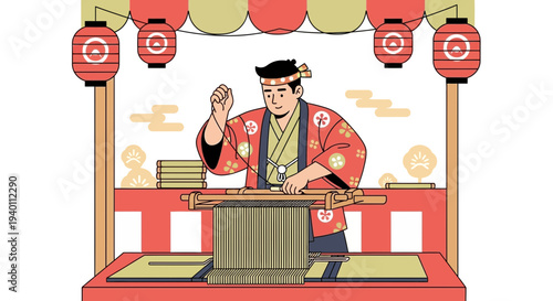 Japanese street food vendor making soba noodles at a festival stall