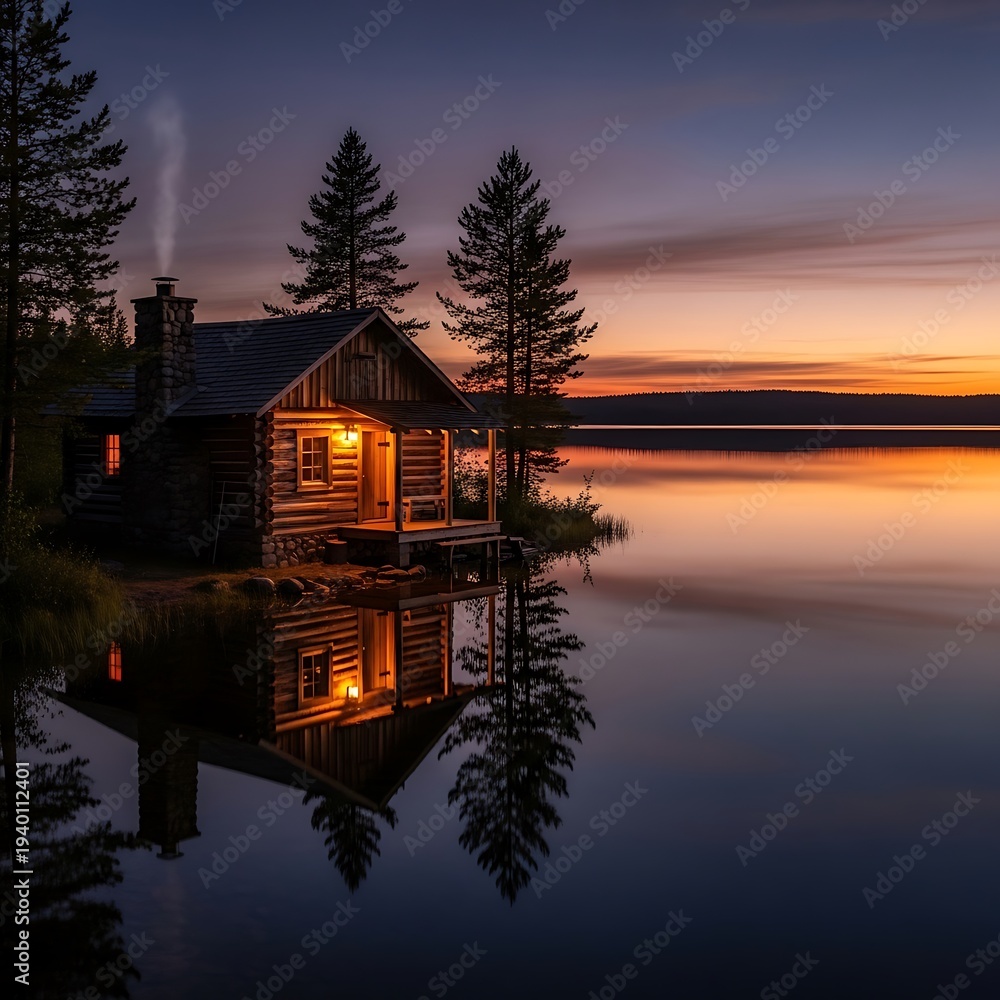 Fototapeta premium Cozy cabin by serene lake at sunset.