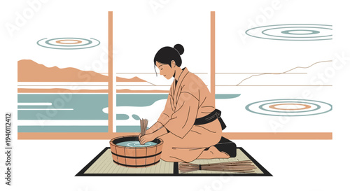 Japanese Woman in Kimono Preparing Tea Ceremony