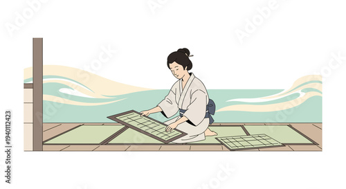 Japanese woman in kimono making paper, traditional craft, serene atmosphere