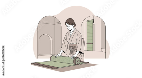 Japanese Woman in Kimono Rolling Fabric on a Mat in Traditional Room