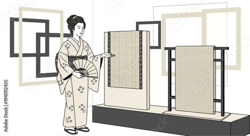 Japanese Woman in Kimono Presents Traditional Textile Art at Exhibition