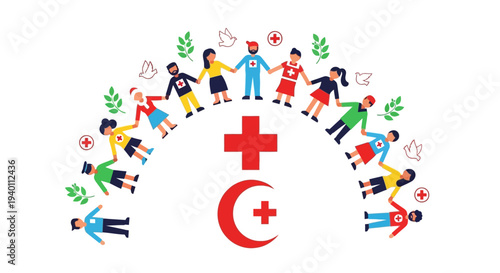 Diverse community gathering around Red Crescent symbol, illustration, charity event, people helping, global unity, top view
