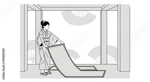 Japanese woman in kimono unfolds a large fabric scroll in a traditional room