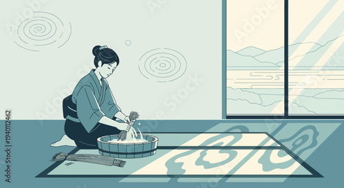 Japanese Woman in Kimono Washing Clothes by Hand in Traditional Room
