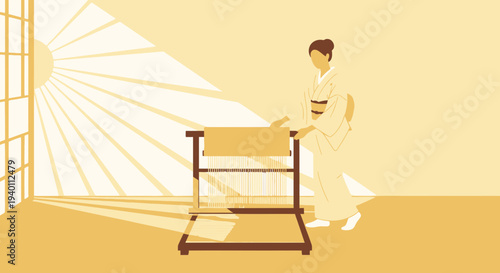 Japanese woman in kimono weaving on a loom in a sunlit room