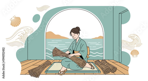 Japanese woman in kimono weaving straw mats by the sea, traditional craft