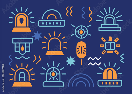 Various siren icons featuring radial light rays and stylized symbols are presented in a colorful collage layout on a dark blue background.