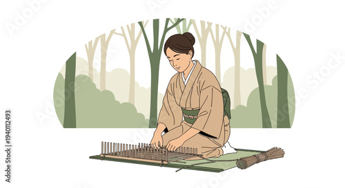 Japanese Woman in Kimono Weaving Traditional Fabric in a Forest Setting