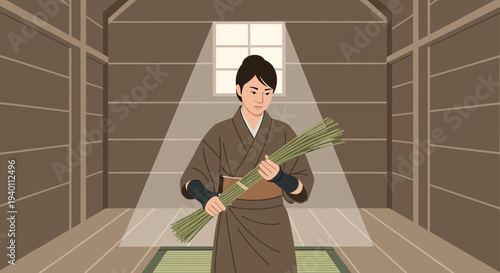 Japanese woman in traditional kimono holding bundle of reeds in rustic room