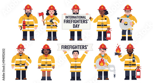 International Firefighters' Day illustration featuring diverse firefighters in action poses with safety equipment and signage