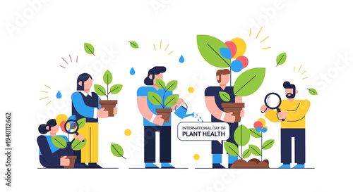 People collaborating to nurture plants and promote plant health in a vibrant environment with illustrations