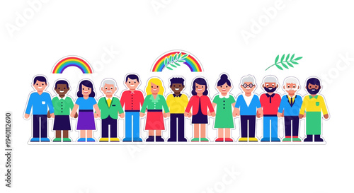 Diverse group of people standing together under rainbows in a vibrant illustration celebrating unity and diversity.