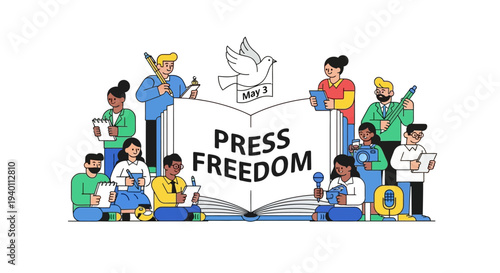 Diverse group of people celebrating Press Freedom with journalists and writers around an open book