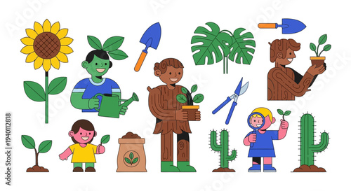 People gardening together with various plants and gardening tools from different viewpoints