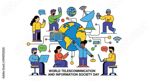 Global Connection Celebration Illustration Featuring People Communicating Worldwide on World Telecommunication and Information Society Day