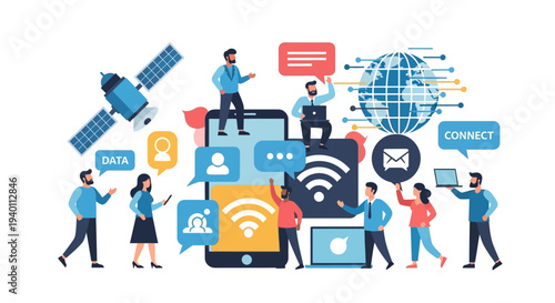 People interacting with various digital devices and communication symbols in a modern technology-driven environment illustration