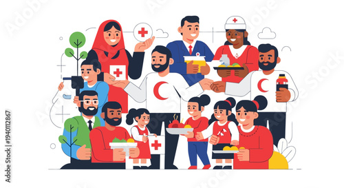 Group of people from diverse backgrounds uniting for charity event illustration