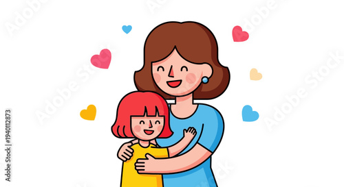 Happy mother embracing her little daughter with love and affection in a heartwarming illustration