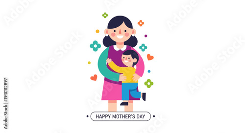 A mother and child embracing, surrounded by colorful shapes and celebrating Mother's Day with a vector illustration