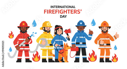 Diverse group of firefighters celebrating International Firefighters' Day with equipment and flames illustration