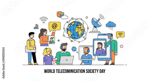 Global communication network illustration for World Telecommunication Society Day featuring people interacting with technology worldwide