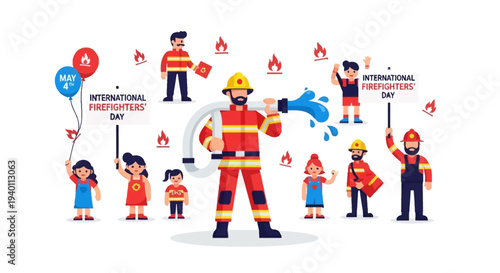 Firefighter in action on International Firefighters Day surrounded by people and safety awareness illustrations