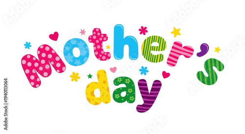 Colorful Mother's Day illustration with decorative typography and hearts