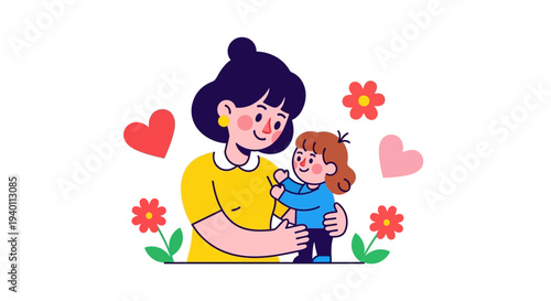 Mother embracing her child surrounded by flowers and hearts, a tender moment captured in a vibrant illustration.