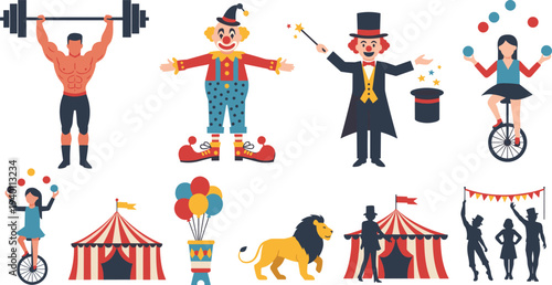 Circus Performance Elements Set Clown Magician Lion Acrobat Strongman and Carnival Tent Vector Illustration