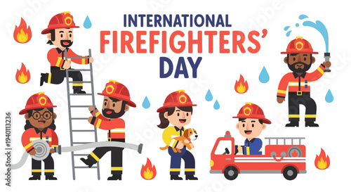 Celebrating International Firefighters' Day with diverse firefighters and equipment in action