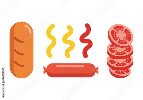 Hot dog ingredients with sausage bun mustard and tomato slices white background hotdog
