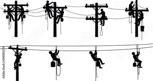 Black silhouette collection of electrical linemen climbing utility poles and repairing power lines for energy infrastructure, maintenance, and industrial service,