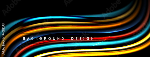 Abstract colorful waves flow across black background. Dynamic lines create modern design element. Bright hues offer visual interest.